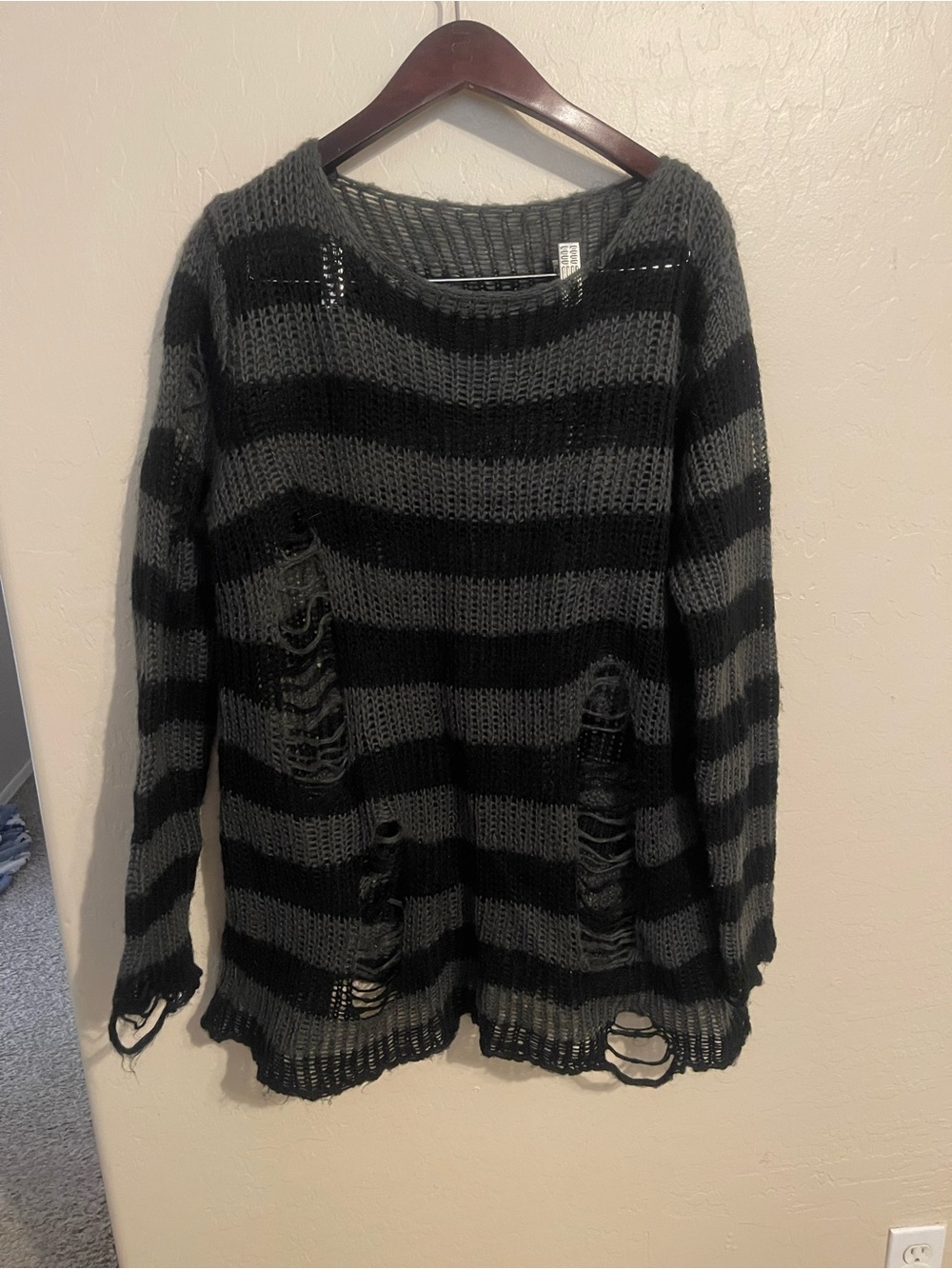 Women's Distressed Striped Knit Sweater - Black & Gray